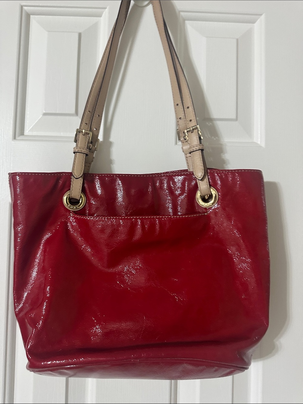 Michael Kors Glossy Red Tote with Beige Straps - Picture 4 of 6